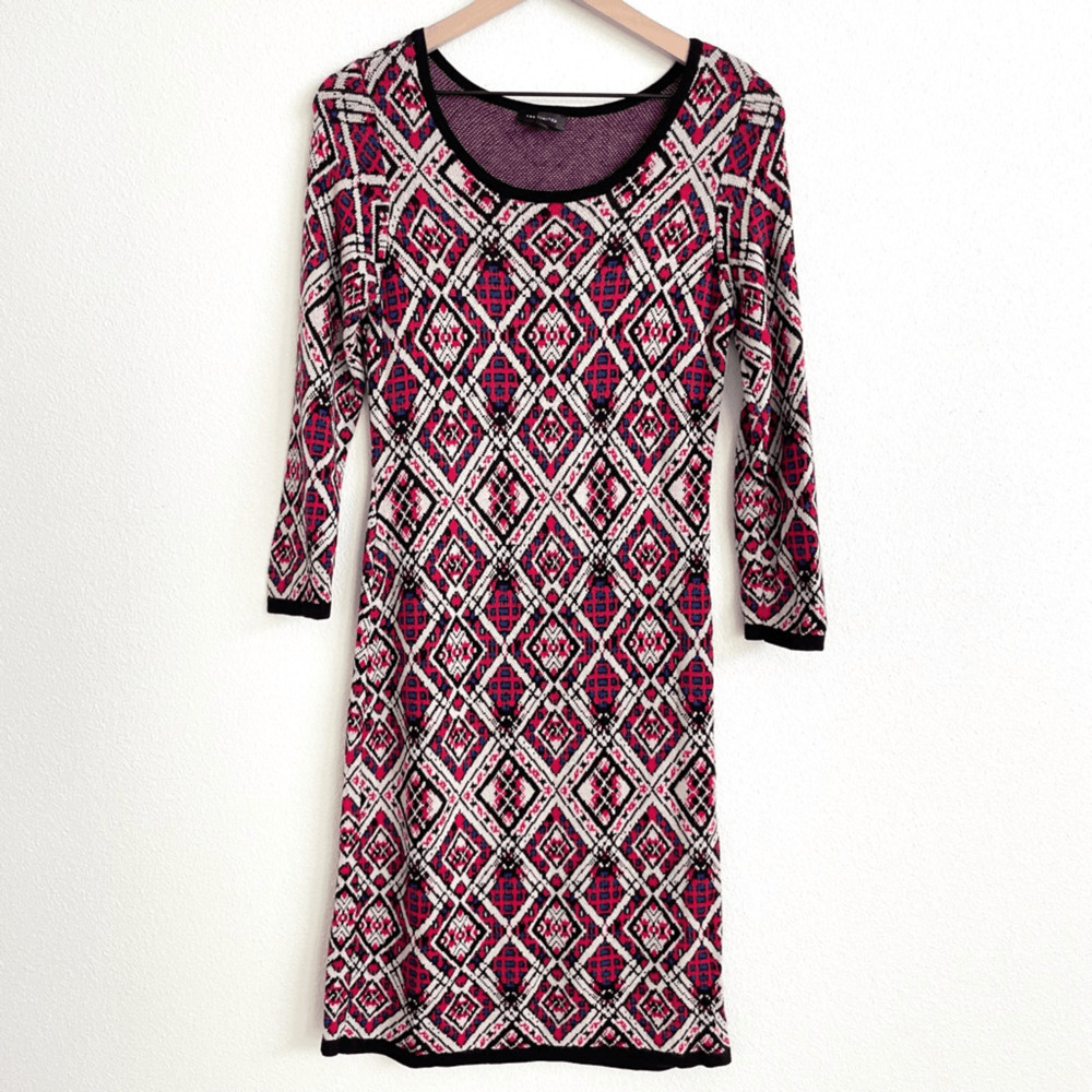 The Limited Red White Diamond Print Scoop Neck Sweater Sheath Dress Women's XS